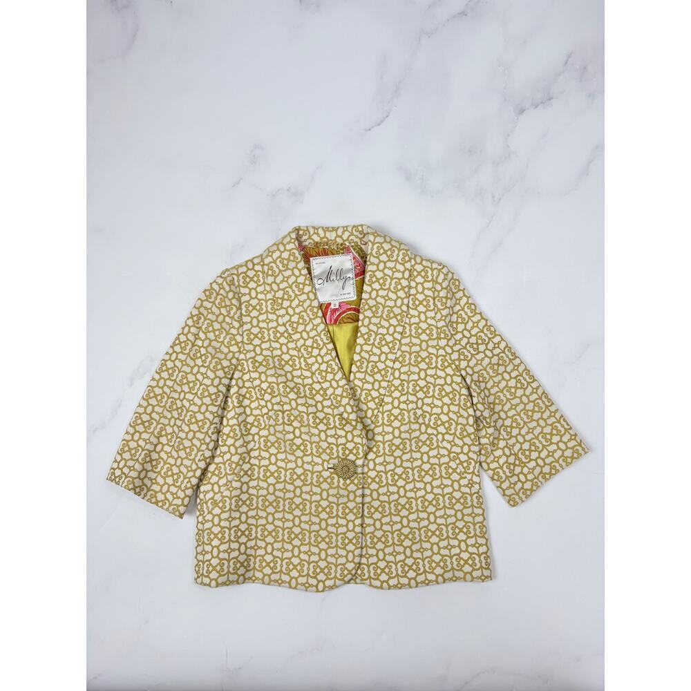 Milly Geometric Print Blazer Gold Rope Button Silk Lined Elbow Sleeve Jacket 2 - Picture 10 of 14